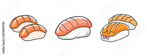 Three delicious salmon nigiri sushi pieces on a white background