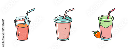 Collection of three hand-drawn smoothies in clear cups with straws.