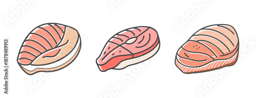 Three fresh salmon fish fillets on a white background, vector illustration
