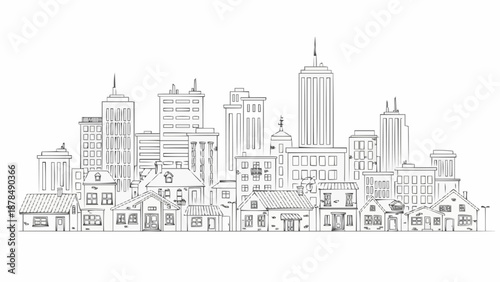 Cityscape illustration with diverse buildings and skyscrapers.