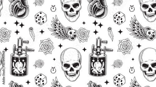 Black and white tattoo flash pattern features menacing skulls with wings, lucky dice, thorny roses, and antique ink injectors creating a rebellious visual texture.