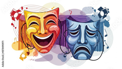 Theatrical comedy and tragedy masks with colorful abstract background and musical notes