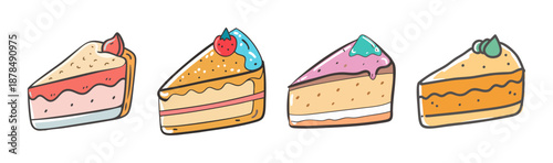Four slices of delicious cartoon cake with frosting and fruit toppings.
