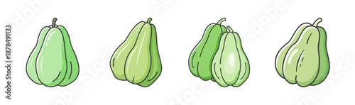 Collection of four green chayote squashes, fresh and healthy vegetable.
