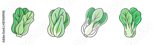 Four hand-drawn bok choy vegetables in a row, isolated on white background.