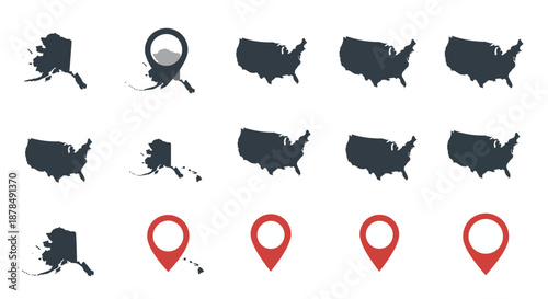 Collection of icons representing United States maps, Alaska, and location pins for navigation and travel