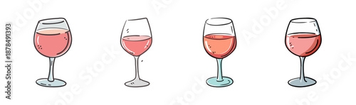 Four glasses of rosé wine with a light, hand-drawn artistic style.