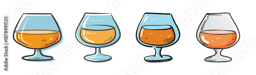 Four brandy snifter glasses with amber liquid, isolated on white background.