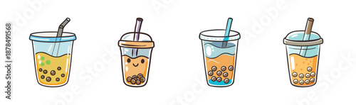 Four colorful bubble tea drinks with tapioca pearls and straws, isolated on white.