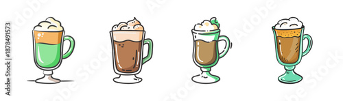 Irish coffee and layered coffee drinks with whipped cream in glasses