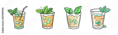 Four hand-drawn mint julep cocktails with ice and mint leaves.