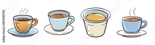 Four steaming cups of espresso and coffee on saucers, hot beverages.