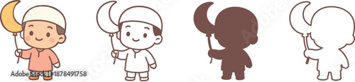 Cute Muslim Boy Holding Crescent Moon Balloon for Ramadan Decoration Vector Illustration Ai Generated