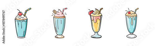 Four colorful hand-drawn milkshakes with cherries and straws.