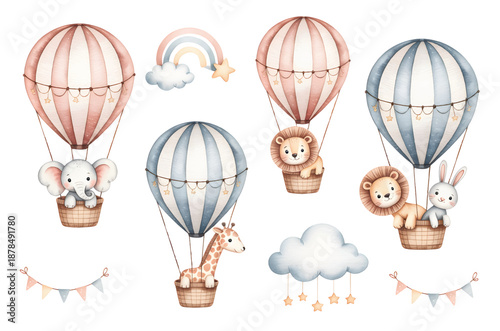 Nursery watercolor hot air balloon animals for kids birthday invitation print. Watercolor safari balloon set for kids birthday party.