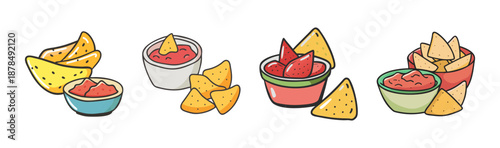 Set of four cartoon nachos with salsa dips on a white background