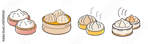 Assortment of delicious steamed dim sum dumplings in bamboo steamers