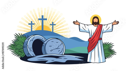 Jesus Christ Risen from the Tomb with Crosses and Sunrise