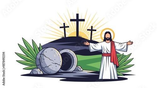 Jesus Resurrection Symbolizing Hope and New Life with Empty Tomb and Crosses