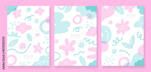 ピンクと水色のゆるいタッチのイラスト素材セット