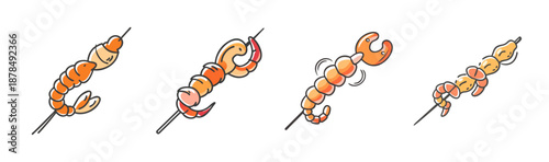 Four grilled shrimp skewers with cartoon style, isolated on white background.