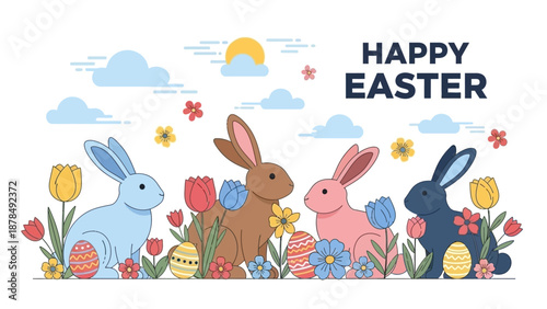 Happy Easter Greeting with Cute Bunnies, Flowers, and Colorful Eggs in a Spring Landscape