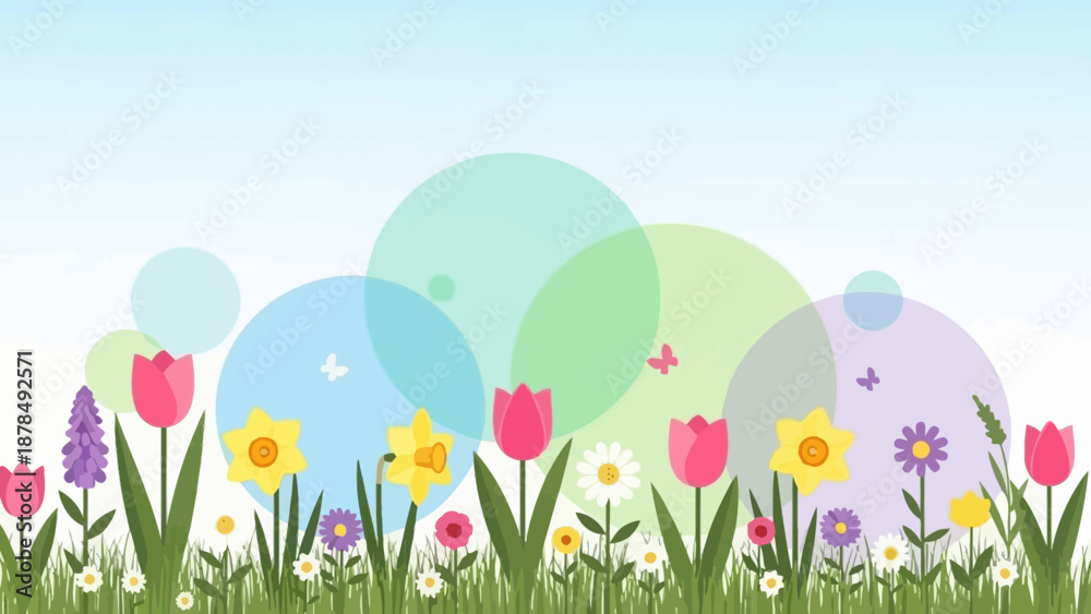 Obraz premium Vibrant Spring Meadow with Blooming Tulips, Daffodils, and Butterflies