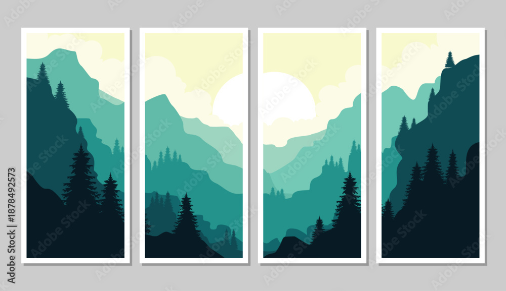 Fototapeta premium Vibrant mountain landscape with pine trees in modern art style
