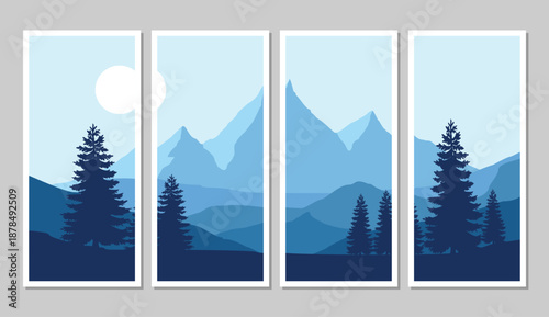 Serene blue mountain landscape with pine trees in minimalist style