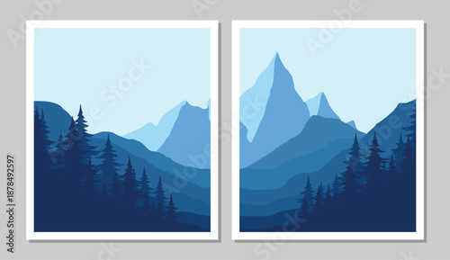 Serene mountain landscapes in soothing blue hues with evergreen trees