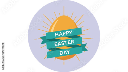 Happy Easter Day stylized egg with sunburst and ribbon festive greeting design