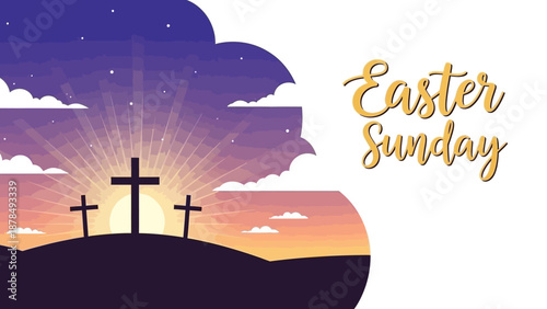 Easter Sunday Sunrise with Three Crosses on a Hillside, Symbolic Religious Illustration