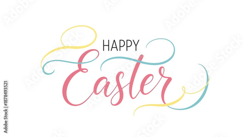Happy Easter greeting with elegant calligraphy and pastel swirls.