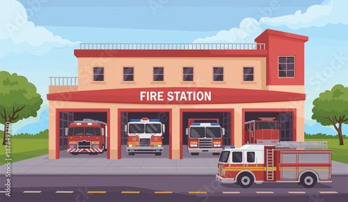 Fire station building with multiple fire trucks, emergency response vehicles, urban firefighting service illustration, public safety rescue department exterior infrastructure