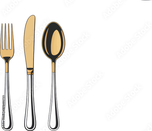 Elegant set of three polished eating utensils including a fork, knife, and spoon featuring gold handles and silver tips arranged vertically on a white background.