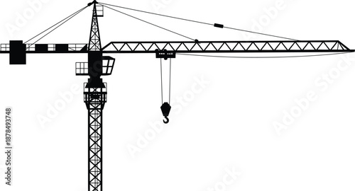 Tower crane silhouette illustration, heavy construction machinery isolated on white background, industrial lifting equipment concept for modern building engineering projects
