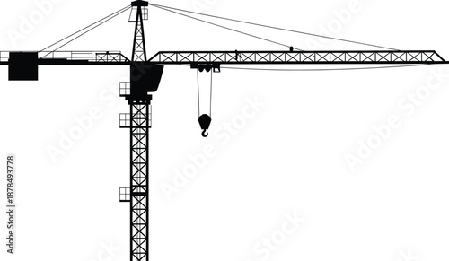 Tower crane silhouette, heavy construction machinery illustration isolated on white background, industrial lifting equipment concept for modern building engineering projects