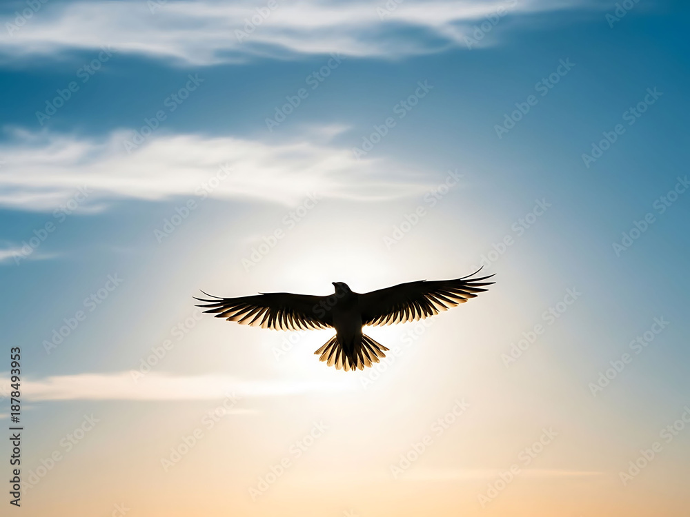 Naklejka premium Silhouette of a bird flying in the sky at sunset