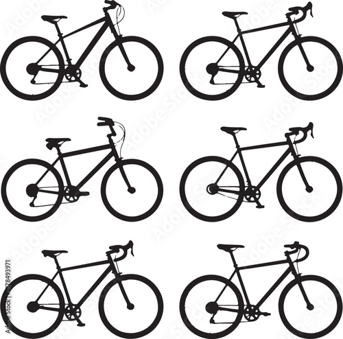 Six different bicycle silhouettes in various side views on white