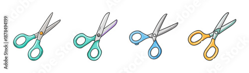 Set of four colorful cartoon scissors on a white background