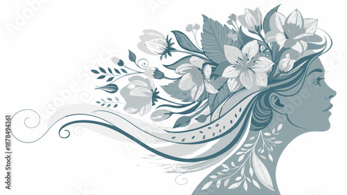 Elegant woman with flowers in hair, serene profile portrait