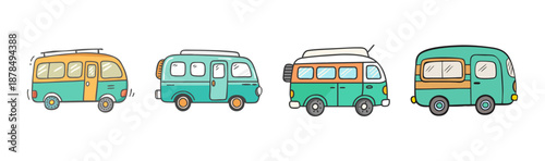 Set of four vintage camper vans in a cartoon style, travel and adventure theme