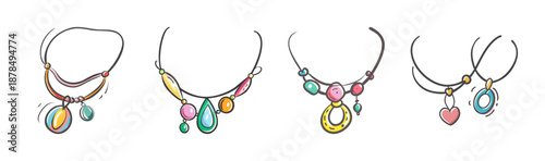Assortment of four decorative necklaces with colorful pendants