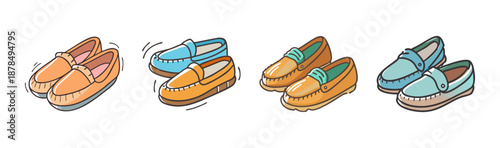 Pair of casual leather moccasins in tan and blue, perfect for everyday wear.