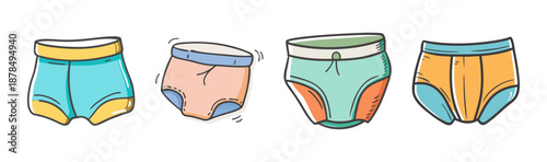 Group of four colorful briefs and shorts, hand-drawn style, underwear.