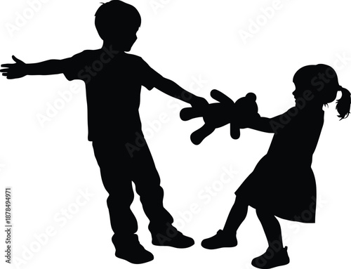 A black silhouette of a boy and girl playing with a teddy bear on a white background.