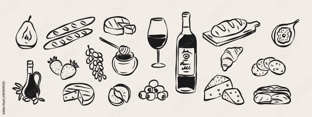 Naklejka premium Hand drawn wine tasting food collection