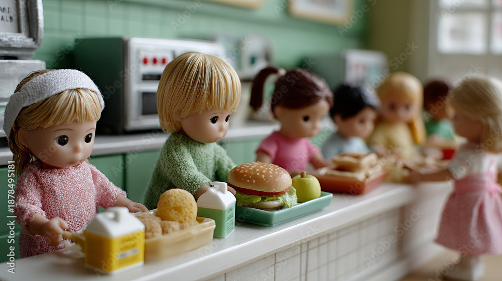 Fototapeta premium Cute dolls eating in miniature school cafeteria setting