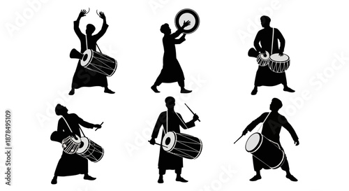 Silhouettes of people playing various drums and percussion instruments.