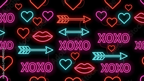 Neon Valentine's Day Seamless Pattern with Glowing Hearts, Lips and XOXO Text, Retro Nightclub Light Sign Style Vector Background on Black